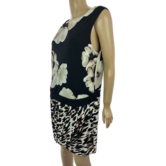 New York Co Sleeveless Drop Waist Dress Size L Black w Large Beige/Black Flowers - Picture 2 of 6